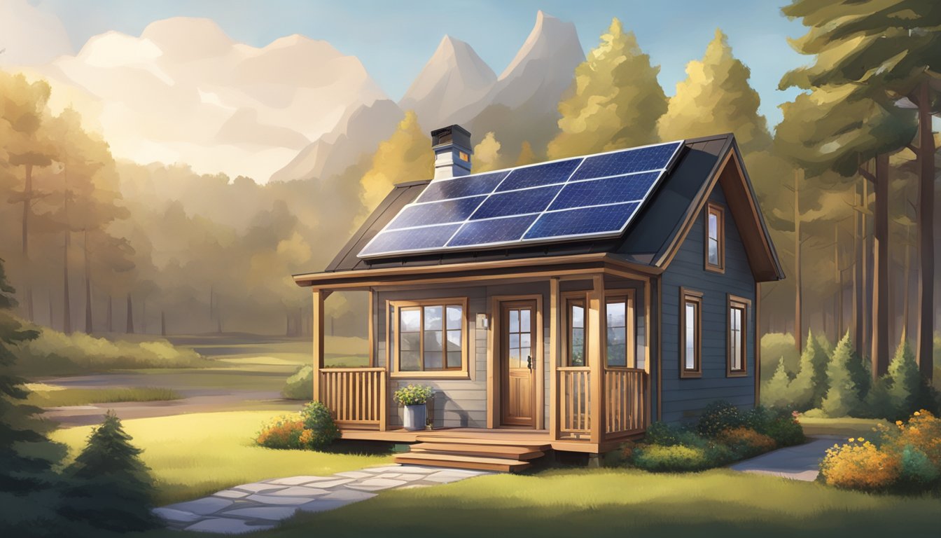 A cozy tiny house nestled in a serene natural setting, with a small porch and solar panels on the roof