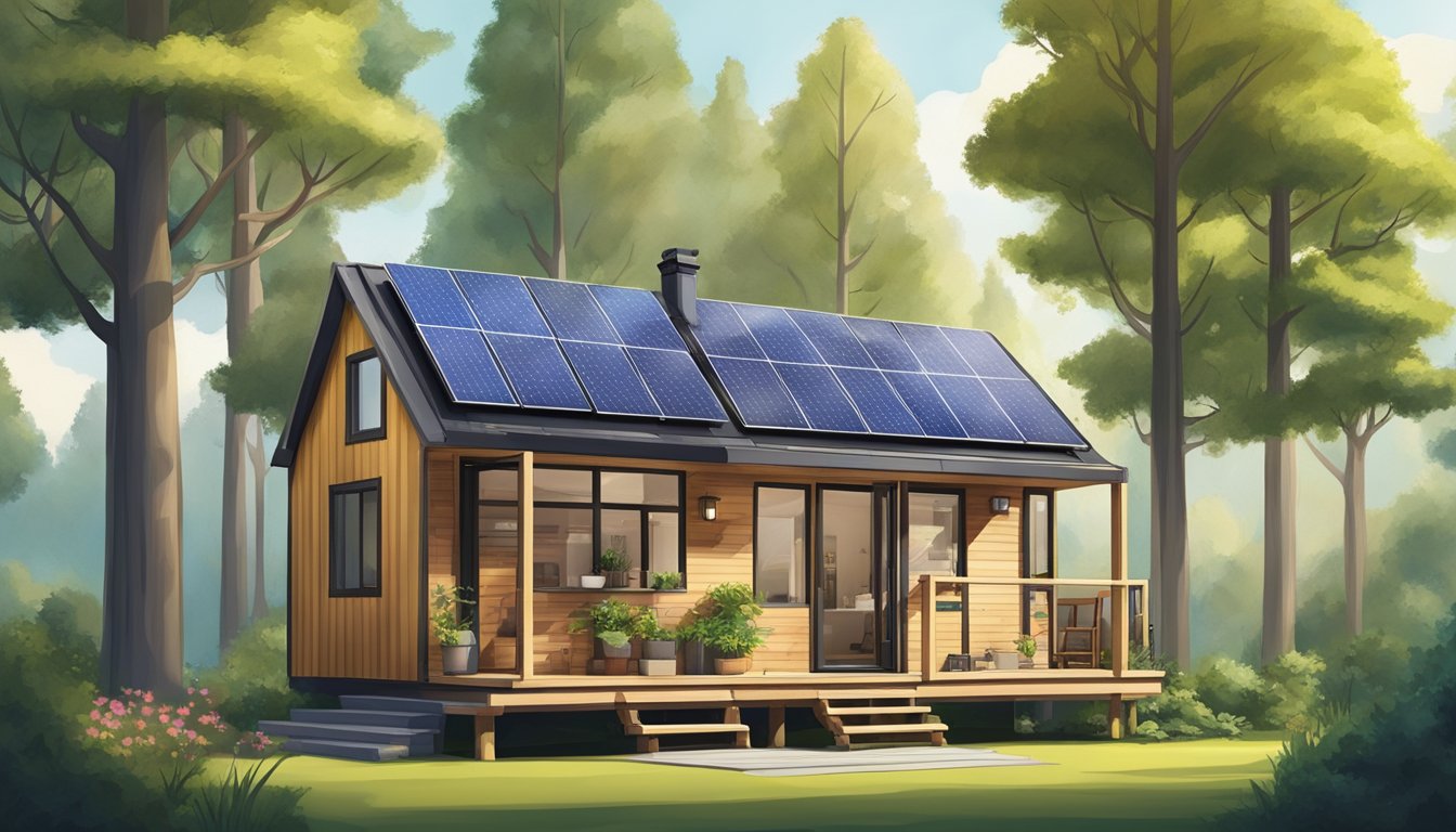 A tiny house surrounded by trees, with a ladder leading to a loft, solar panels on the roof, and a small garden outside