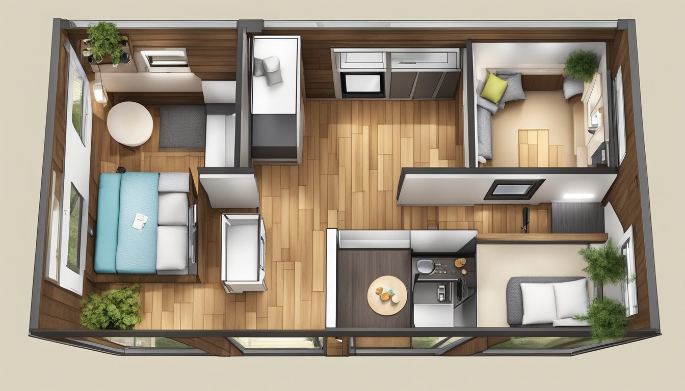 A bird's eye view of a tiny house floor plan with detailed layout and dimensions