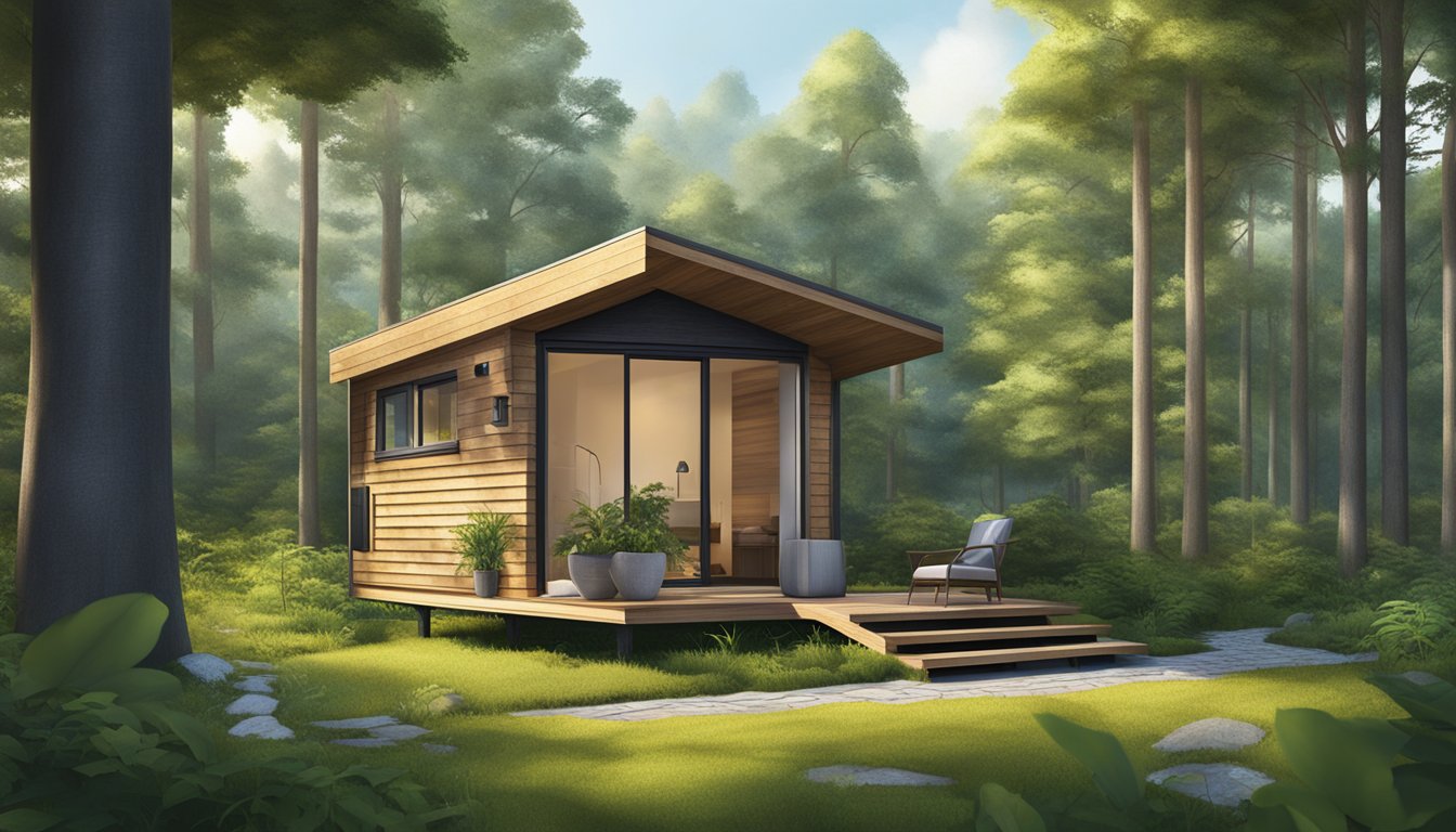 A tiny house nestled in a serene forest clearing, surrounded by lush greenery and a small garden