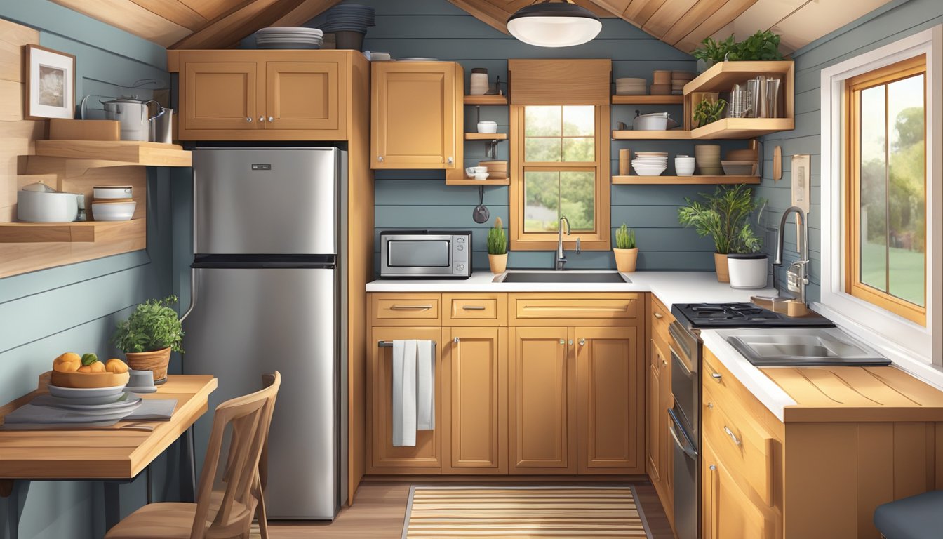 A cozy tiny home interior with compact appliances and efficient utilities