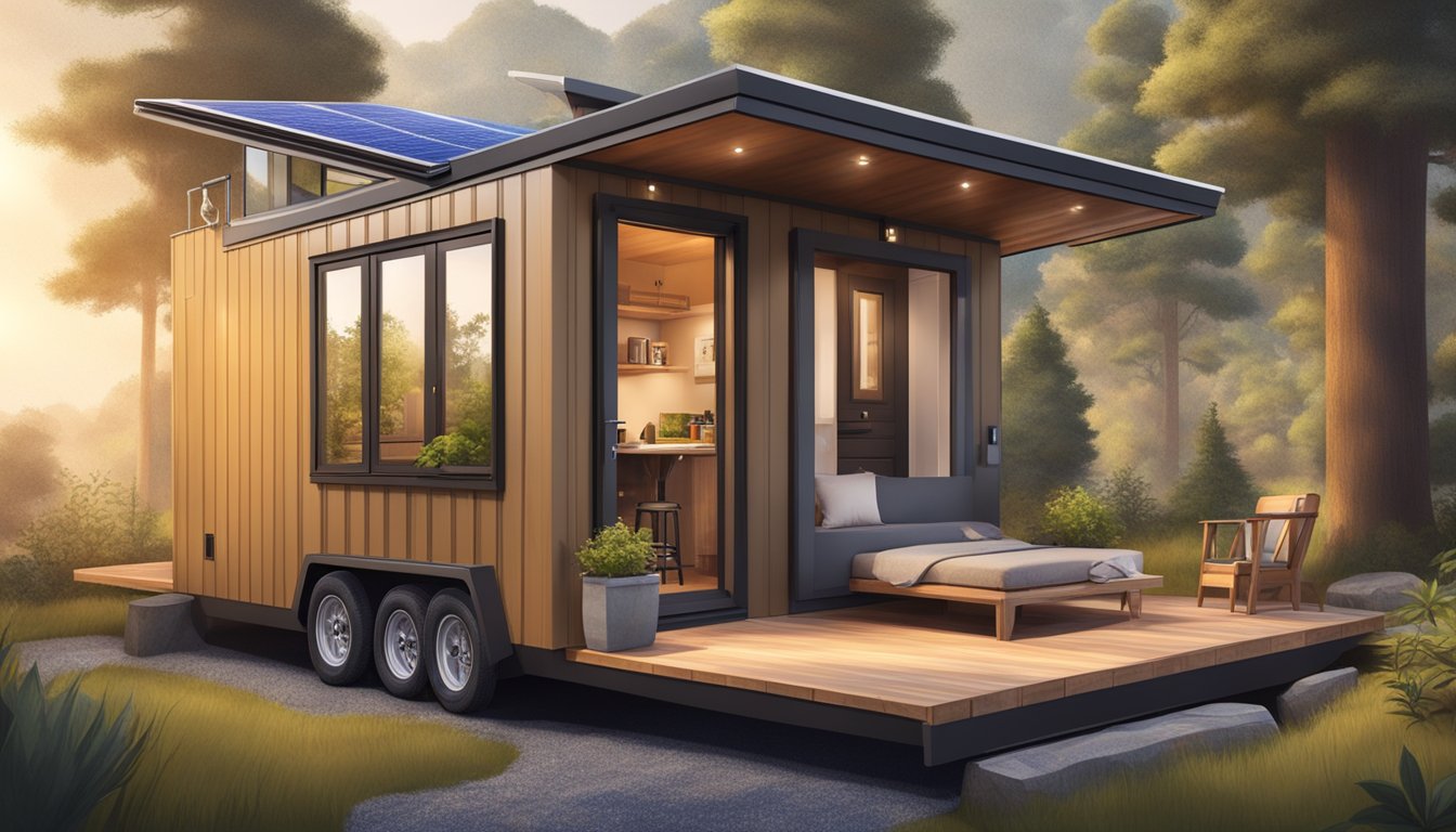 A cozy tiny house with a lofted bed, compact kitchen, and fold-out table, surrounded by natural scenery and solar panels on the roof