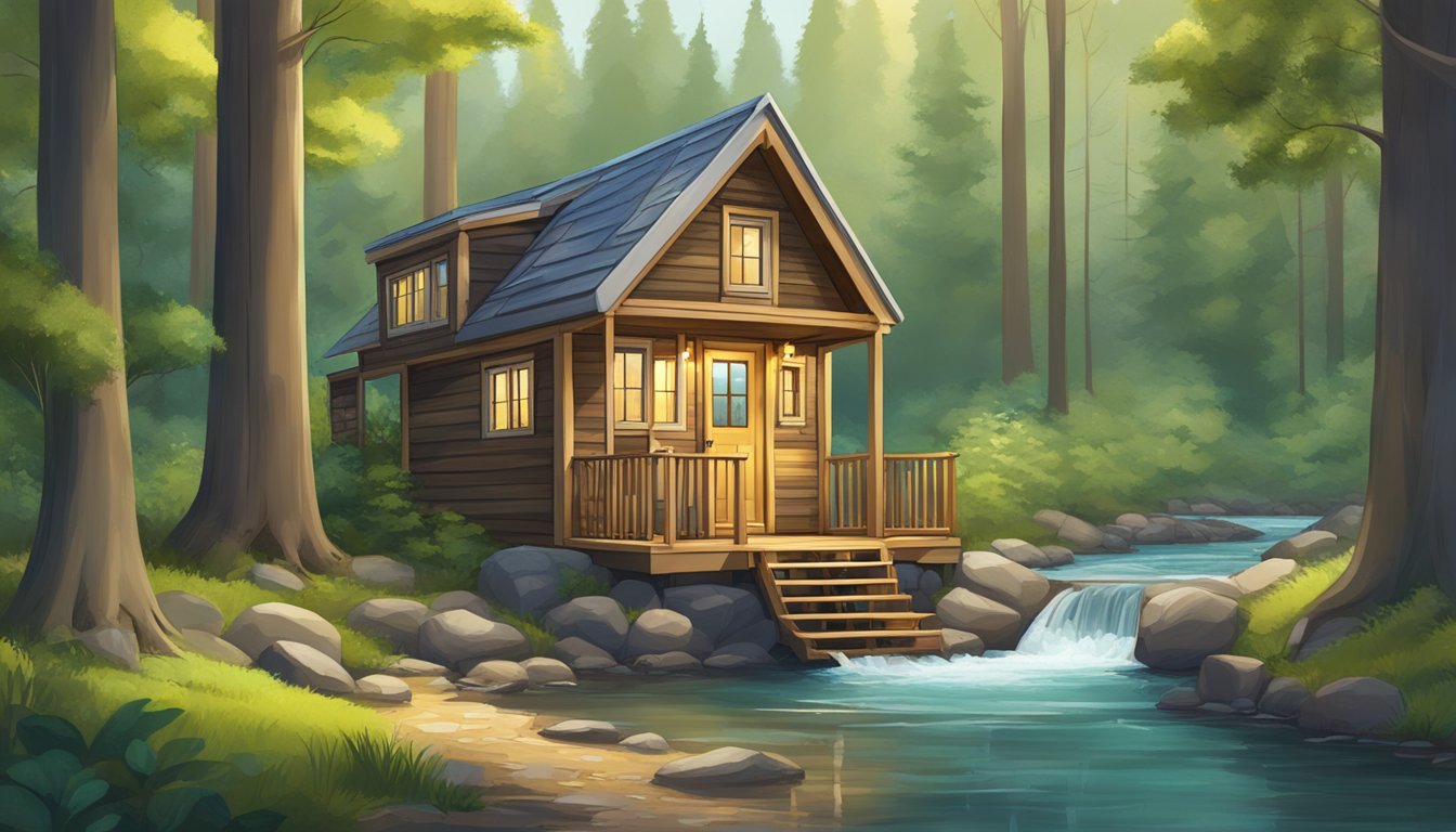 A cozy custom tiny house nestled in a lush forest clearing, surrounded by towering trees and a bubbling stream