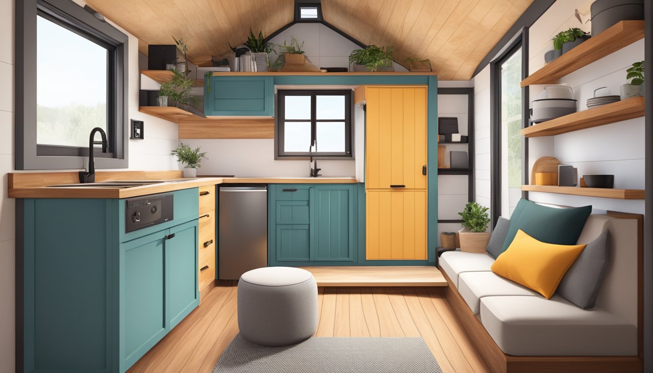 The interior of a tiny house features a cozy living area, a compact kitchen with modern appliances, a lofted sleeping area, and a small but functional bathroom