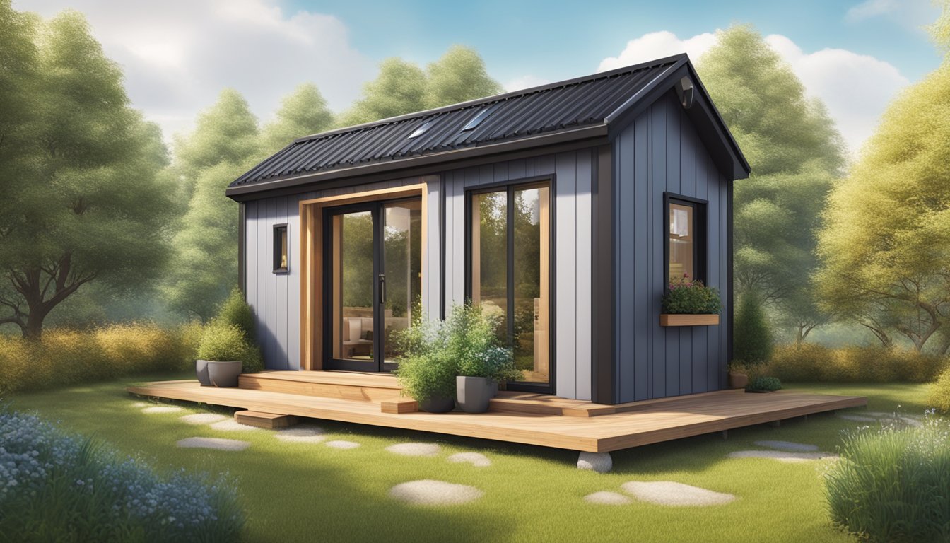 A cozy, self-built tiny house nestled in a serene natural setting, surrounded by trees and a small garden