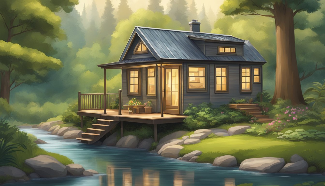 A cozy tiny house nestled in a lush forest, surrounded by towering trees and a babbling brook. The house features large windows, a quaint porch, and a sloping roof