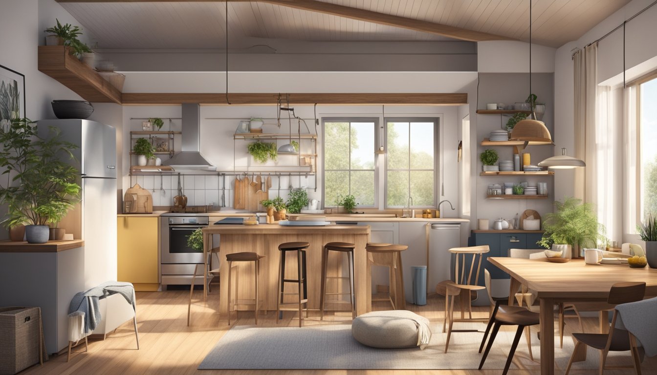 A cozy, compact living space with a loft bedroom, a functional kitchen, and a small dining area. Large windows let in plenty of natural light, and the space is efficiently organized with clever storage solutions