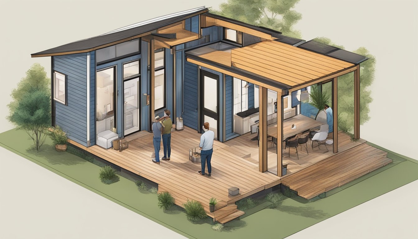 A professional architect and a DIY builder collaborate on a tiny house layout, comparing blueprints and design ideas