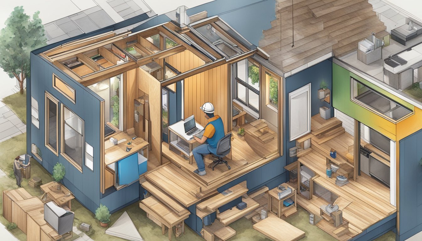 A person constructing a tiny house, surrounded by blueprints, tools, and building materials