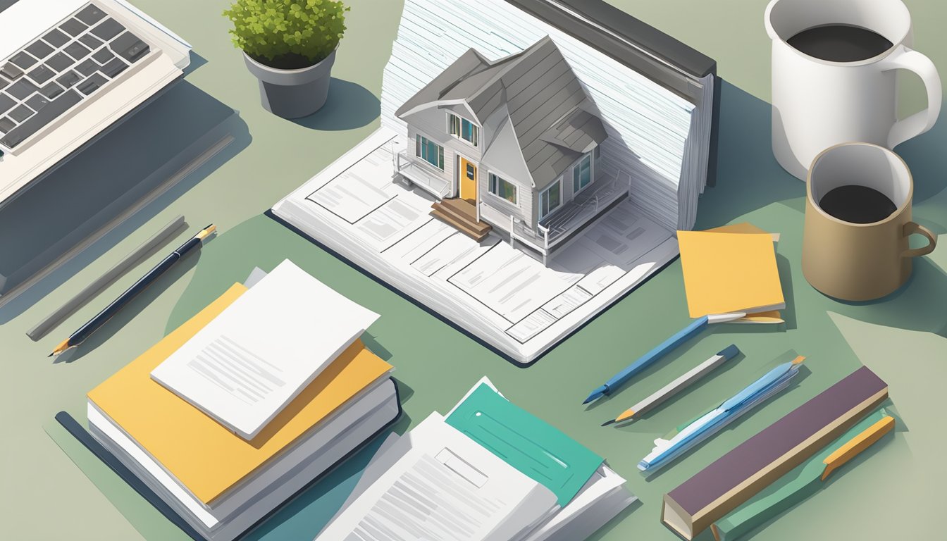 A tiny house layout with legal and insurance documents scattered on a desk