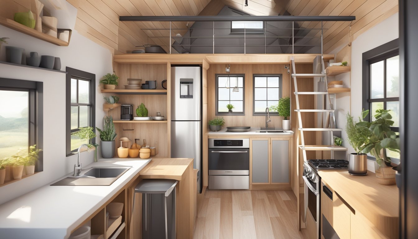 A cozy, modern tiny house interior with a loft bedroom, compact kitchen, and multipurpose living space. Large windows let in natural light, and the decor is minimalist and functional