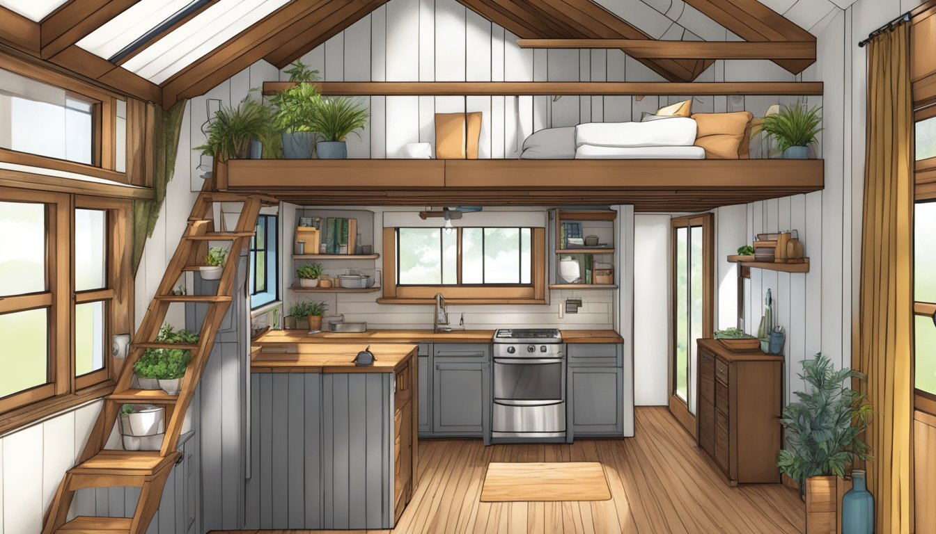 A cozy tiny house with open floor plan, loft bedroom, and efficient use of space