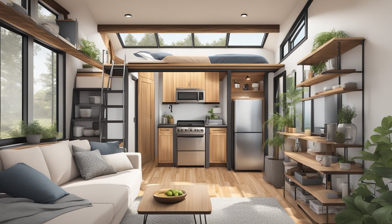 A cozy tiny house with efficient floor plans, maximizing space and functionality. Multiple levels and clever storage solutions