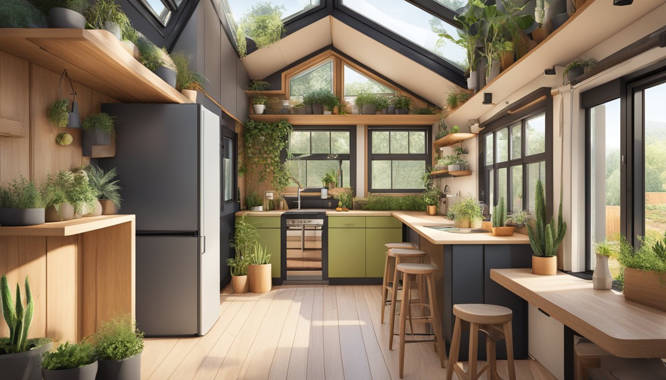 A cozy tiny house interior with natural materials, large windows, and integrated planters, showcasing sustainable design and outdoor integration