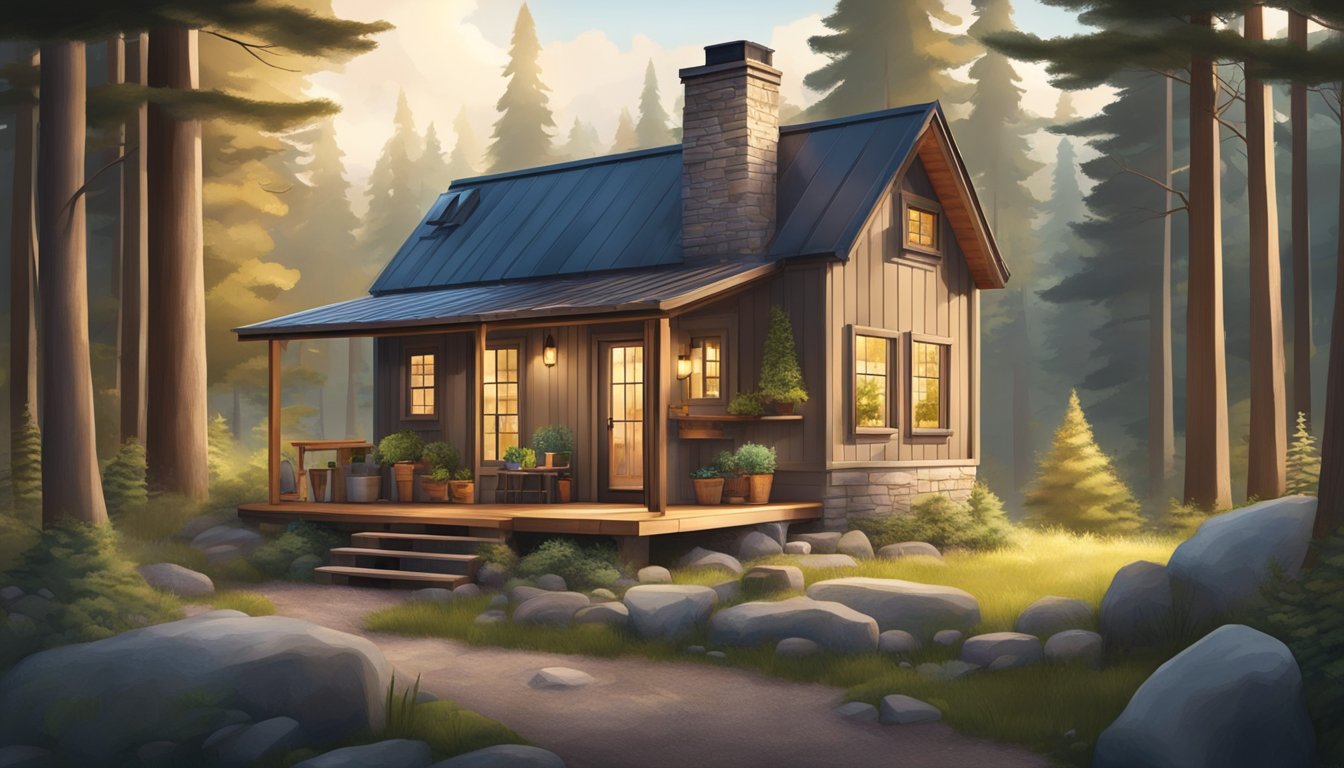 A cozy tiny house cabin surrounded by forest with a small porch and a chimney, featuring essential construction tools and materials