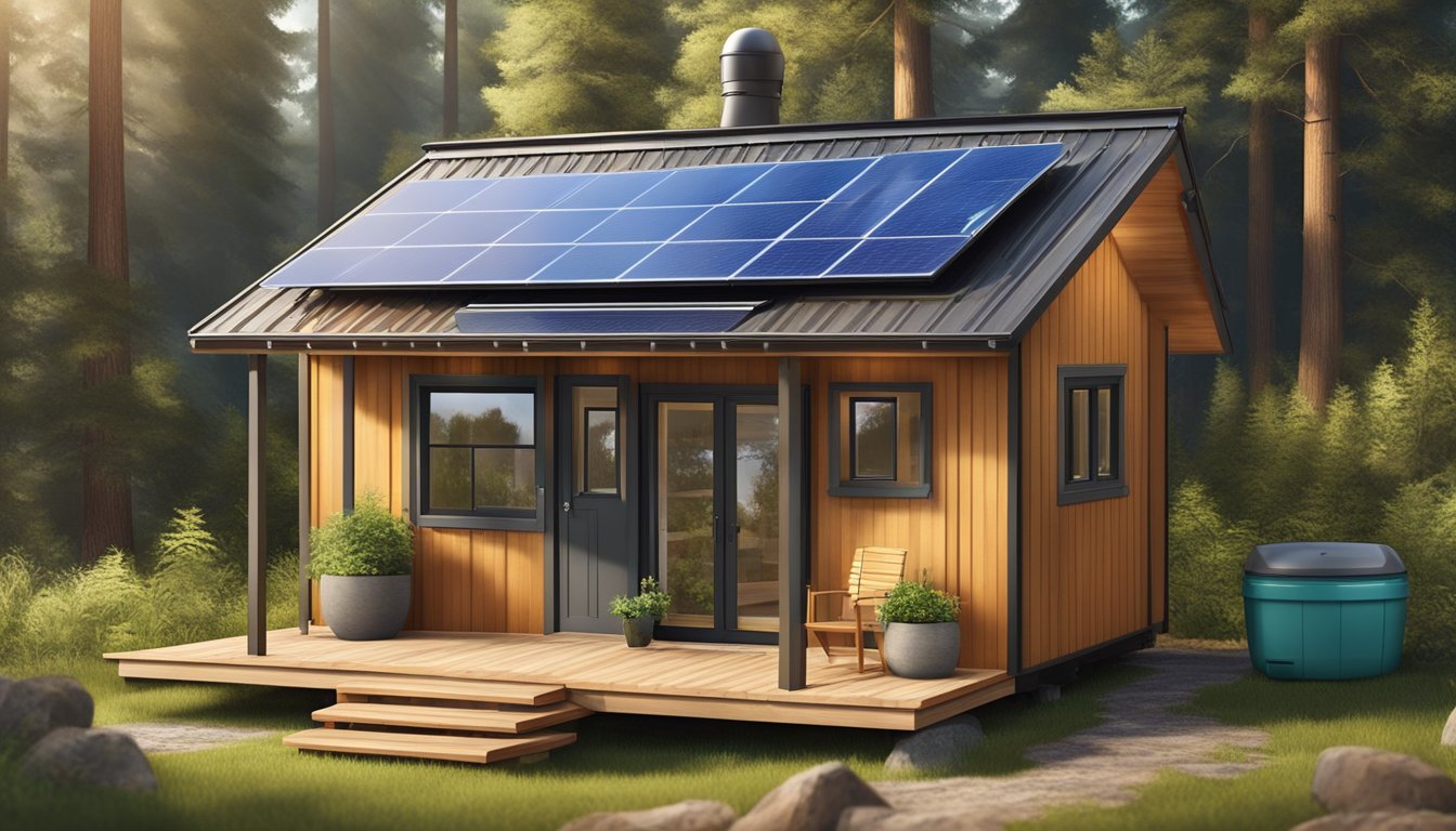 A cozy tiny house cabin nestled in the woods, equipped with solar panels, a rainwater collection system, and a composting toilet