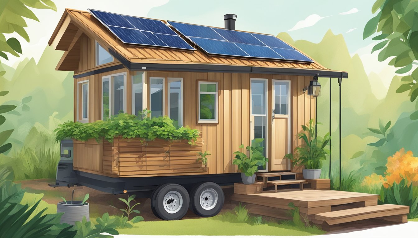 A tiny house on wheels with solar panels, rainwater collection system, and a composting toilet surrounded by lush greenery