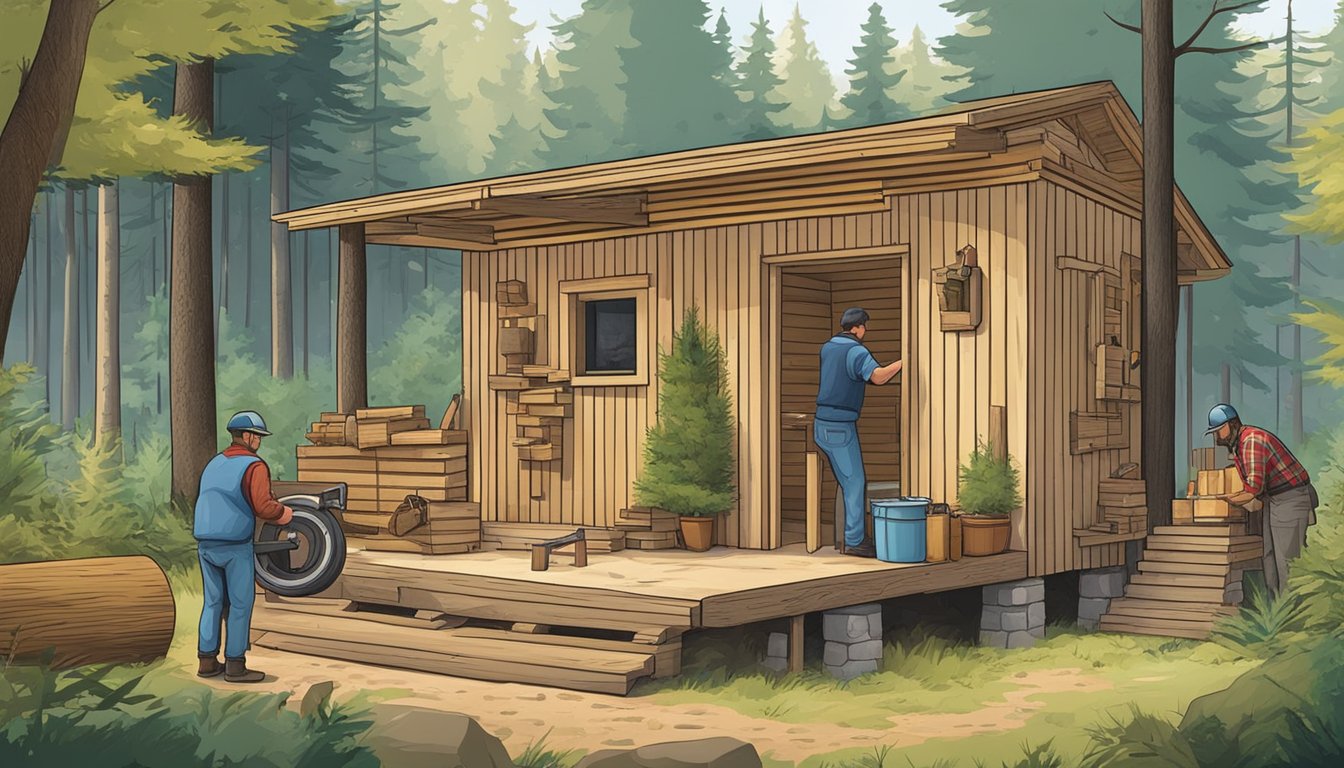 A person is purchasing lumber and tools, then constructing a small cabin in a wooded area