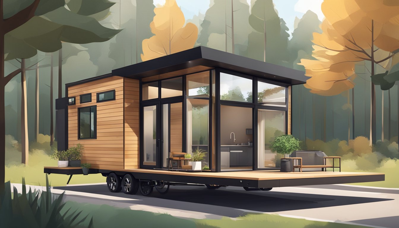 A sleek, modern tiny house on wheels with large windows, clean lines, and a minimalist aesthetic, surrounded by nature