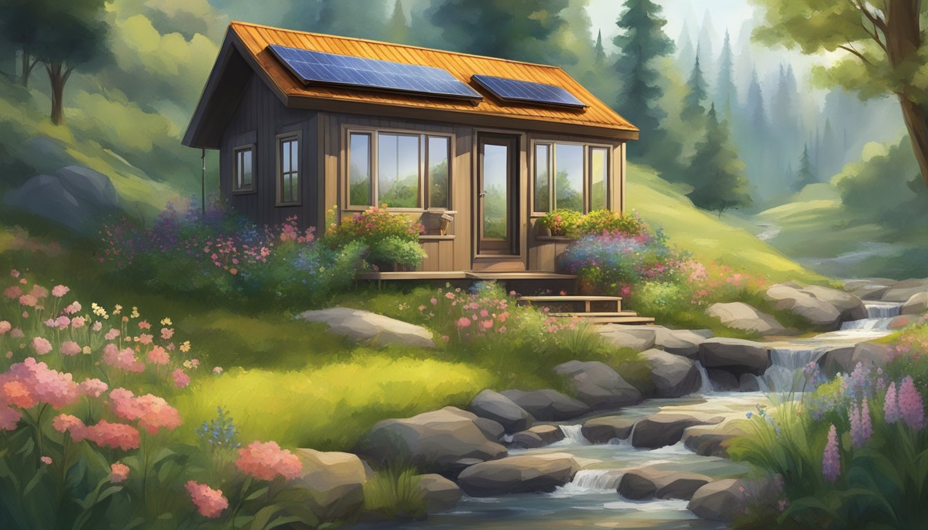 A cozy tiny house nestled in a lush forest clearing, surrounded by wildflowers and a babbling brook, with a small garden and solar panels on the roof