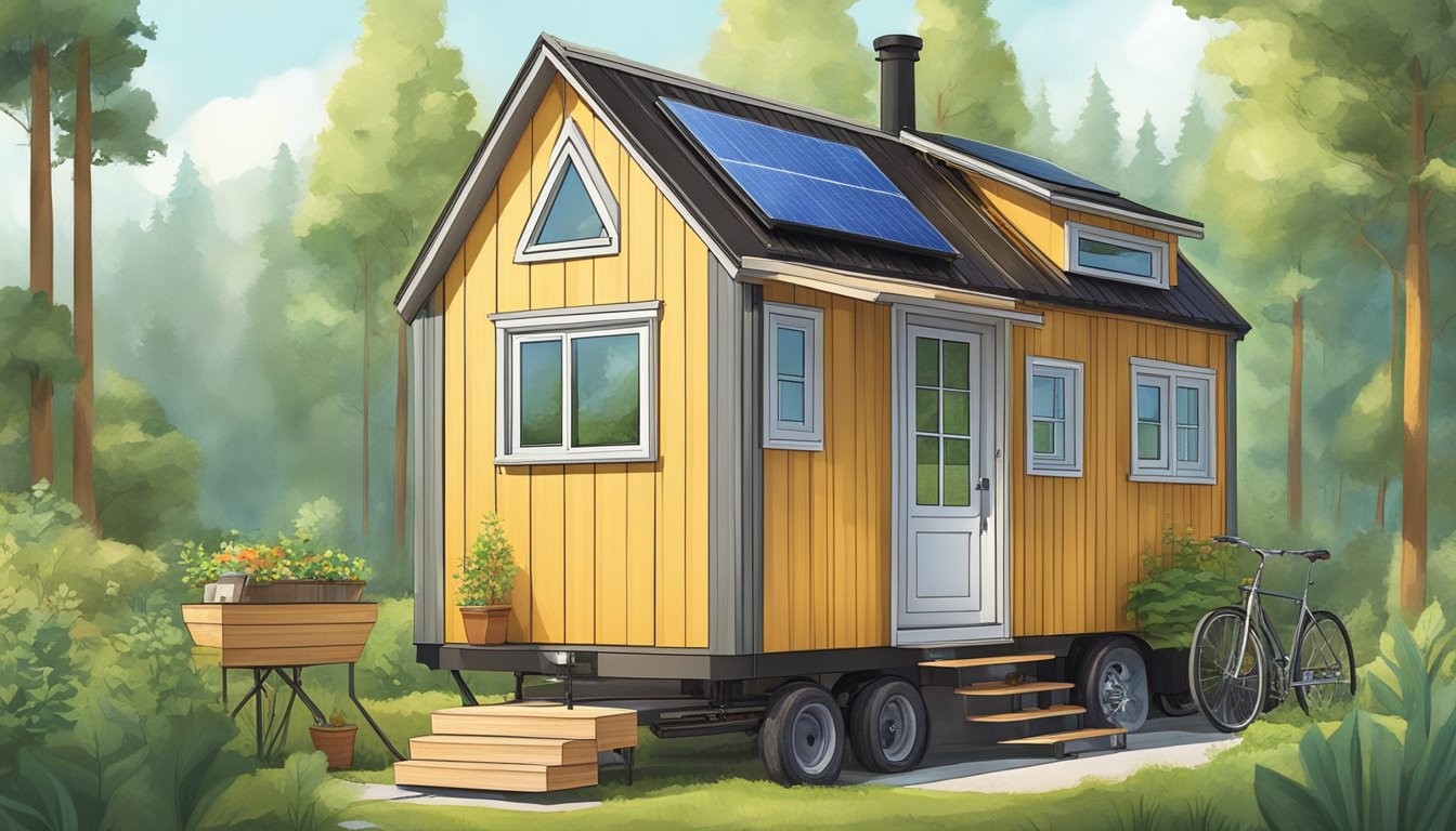 A tiny house on wheels surrounded by lush greenery, solar panels on the roof, and a composting toilet