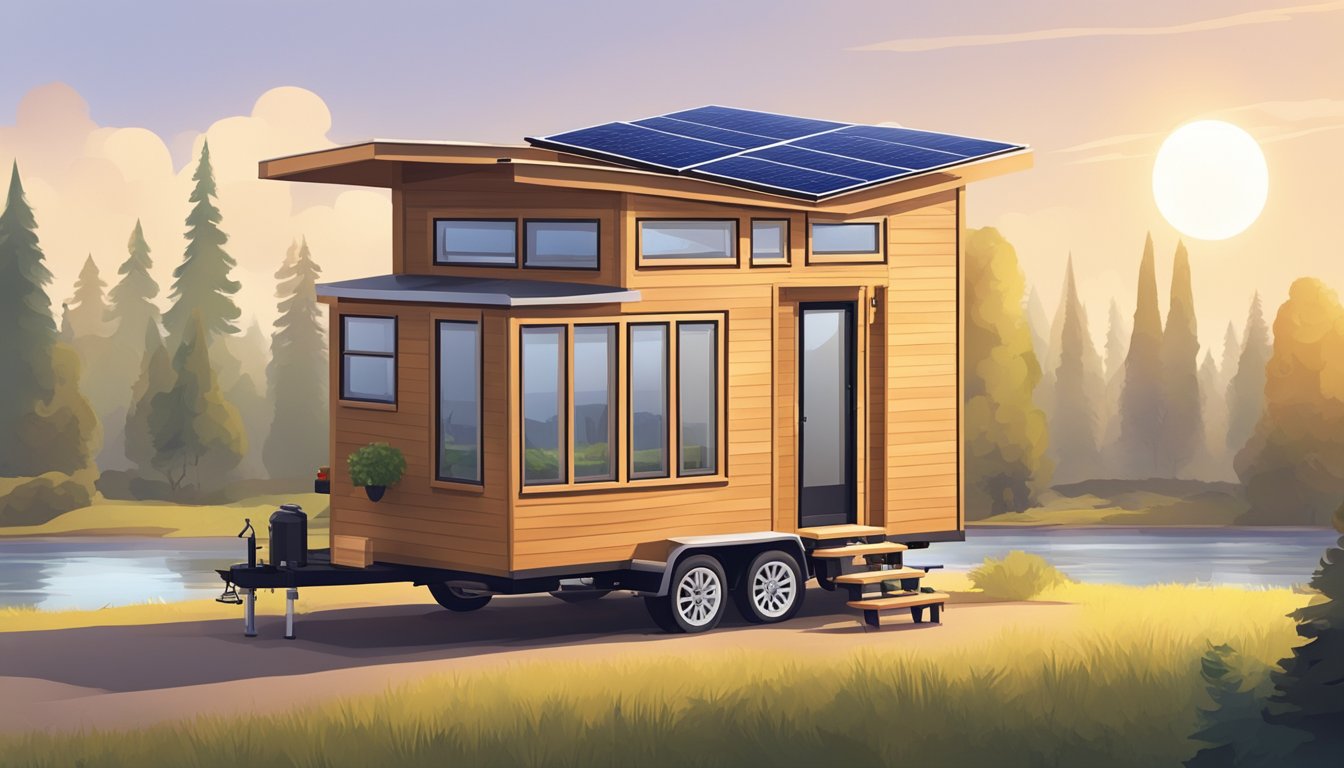 A tiny house RV parked in a serene natural setting, with solar panels on the roof, a small deck, and large windows for natural light