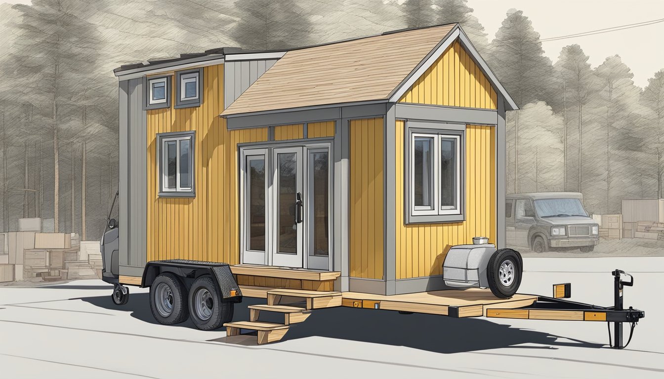 A tiny house shell being built on a trailer, with workers framing the walls and installing windows and roofing materials