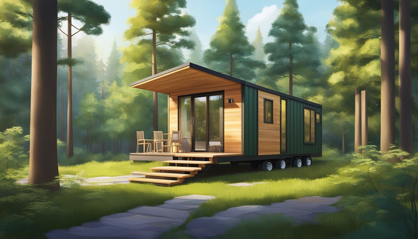 A small, modern tiny house prefab sits in a lush, green forest clearing, surrounded by tall trees and dappled sunlight