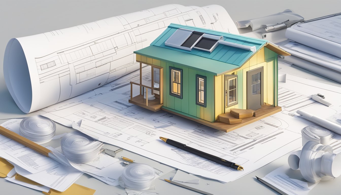 A tiny house shell with regulatory compliance symbols and legal documents scattered around