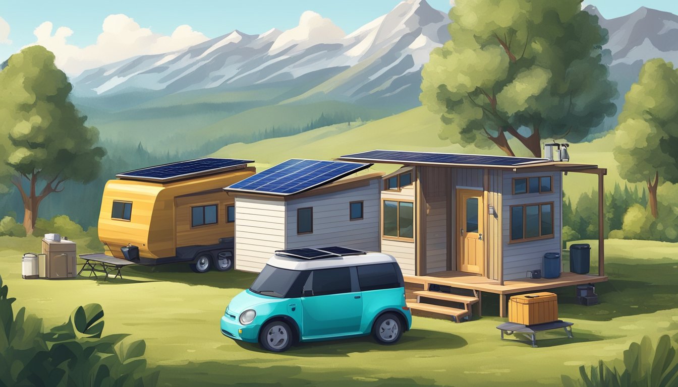 A tiny house RV parked in a scenic location with solar panels, a composting toilet, and a rainwater collection system