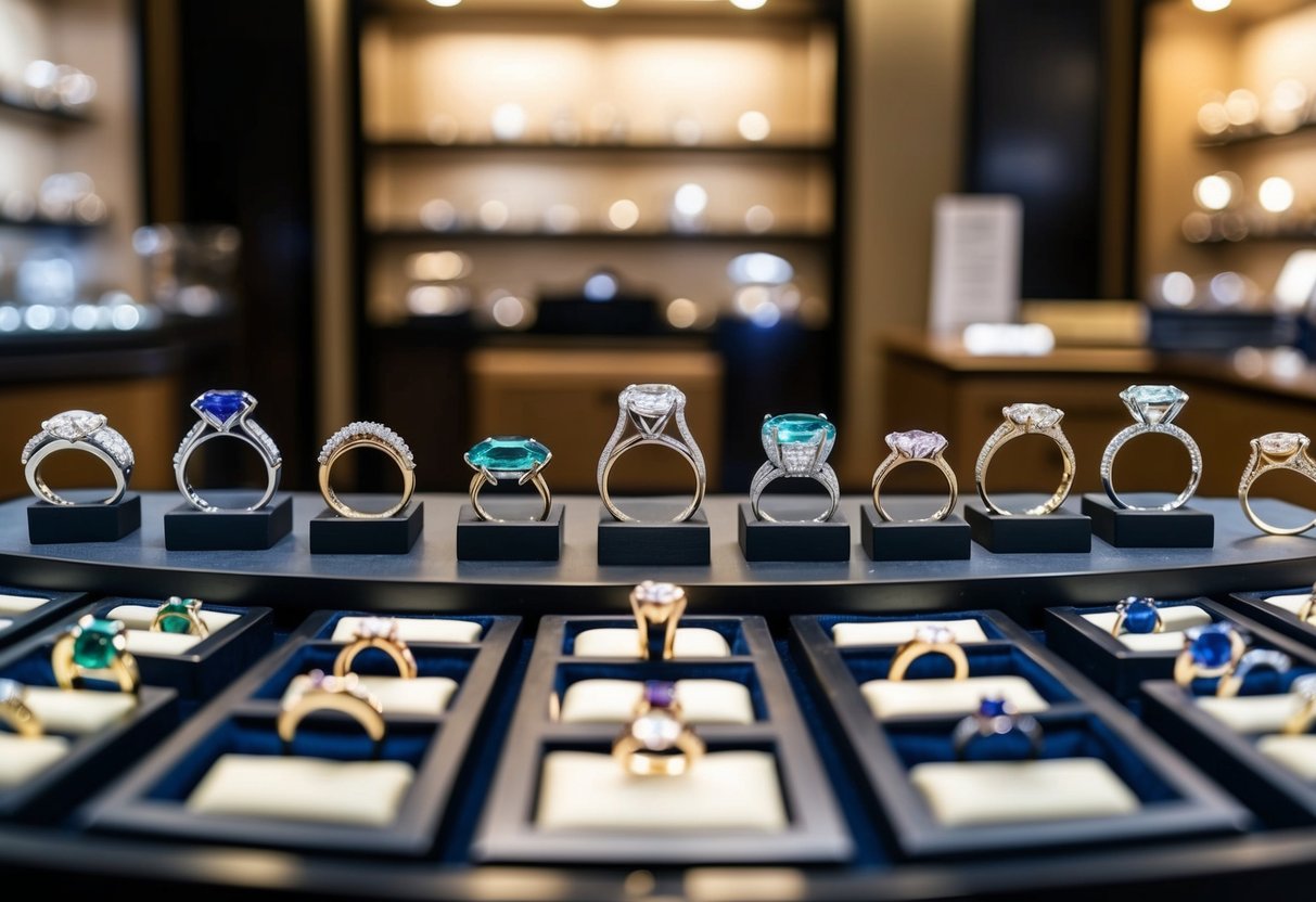 A display of 10 unique engagement ring designs featuring alternative gemstones, showcased in a Dallas jewelry store