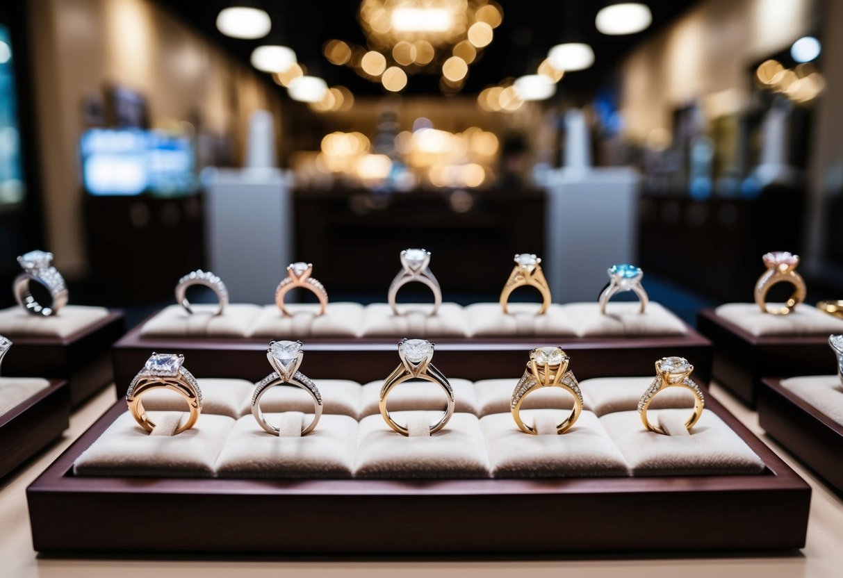 A display of 10 unique engagement ring designs, each with intricate details and personalized touches, showcased in a jewelry store in Dallas