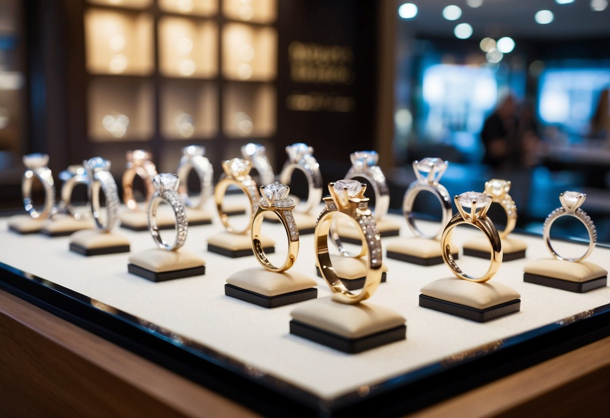 A display of 10 unique engagement ring designs showcased at Dallas Jewelers, with elegant settings and sparkling gemstones catching the light