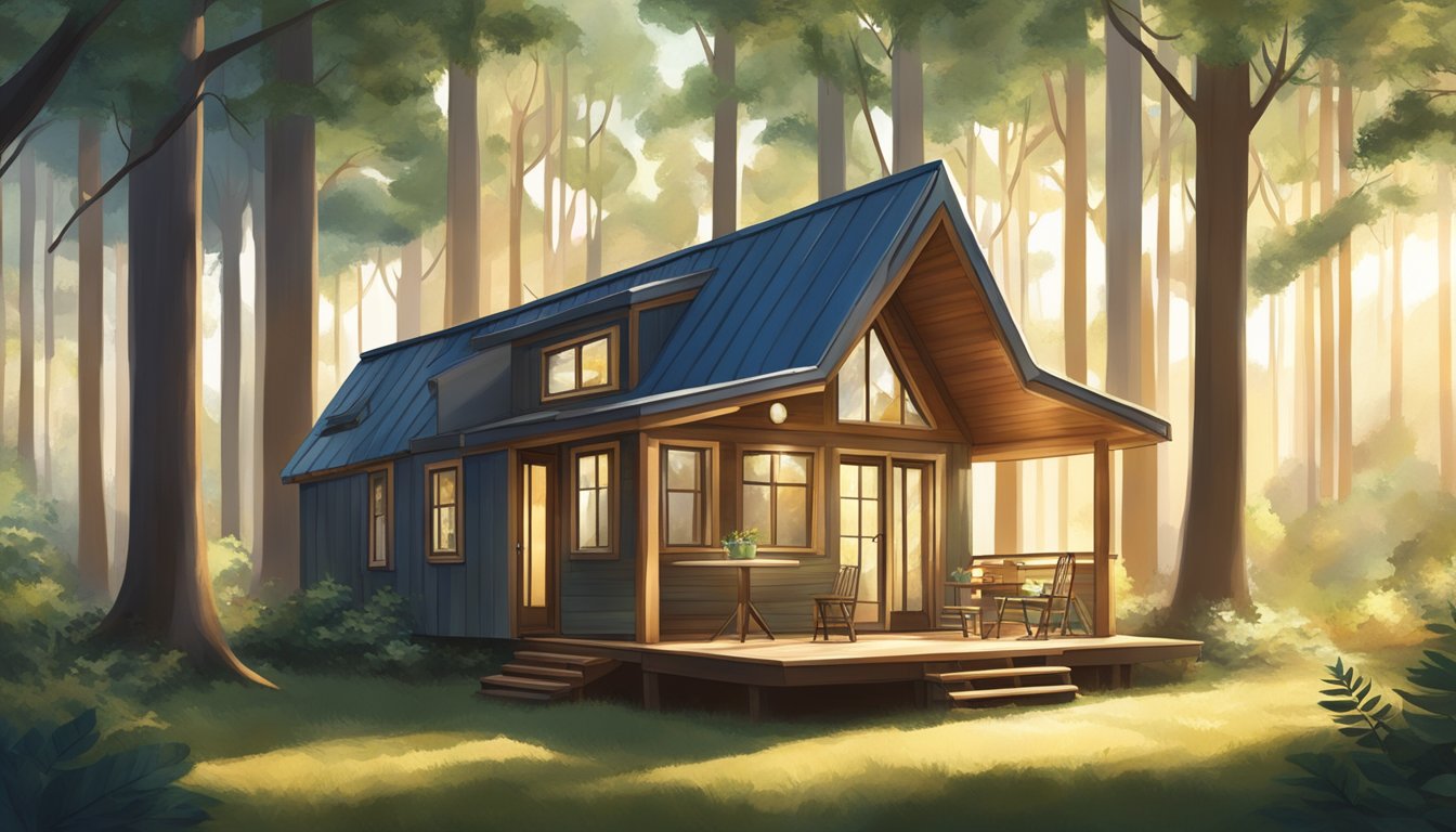 A cozy tiny house shell nestled in a tranquil forest clearing, surrounded by towering trees and dappled sunlight filtering through the branches