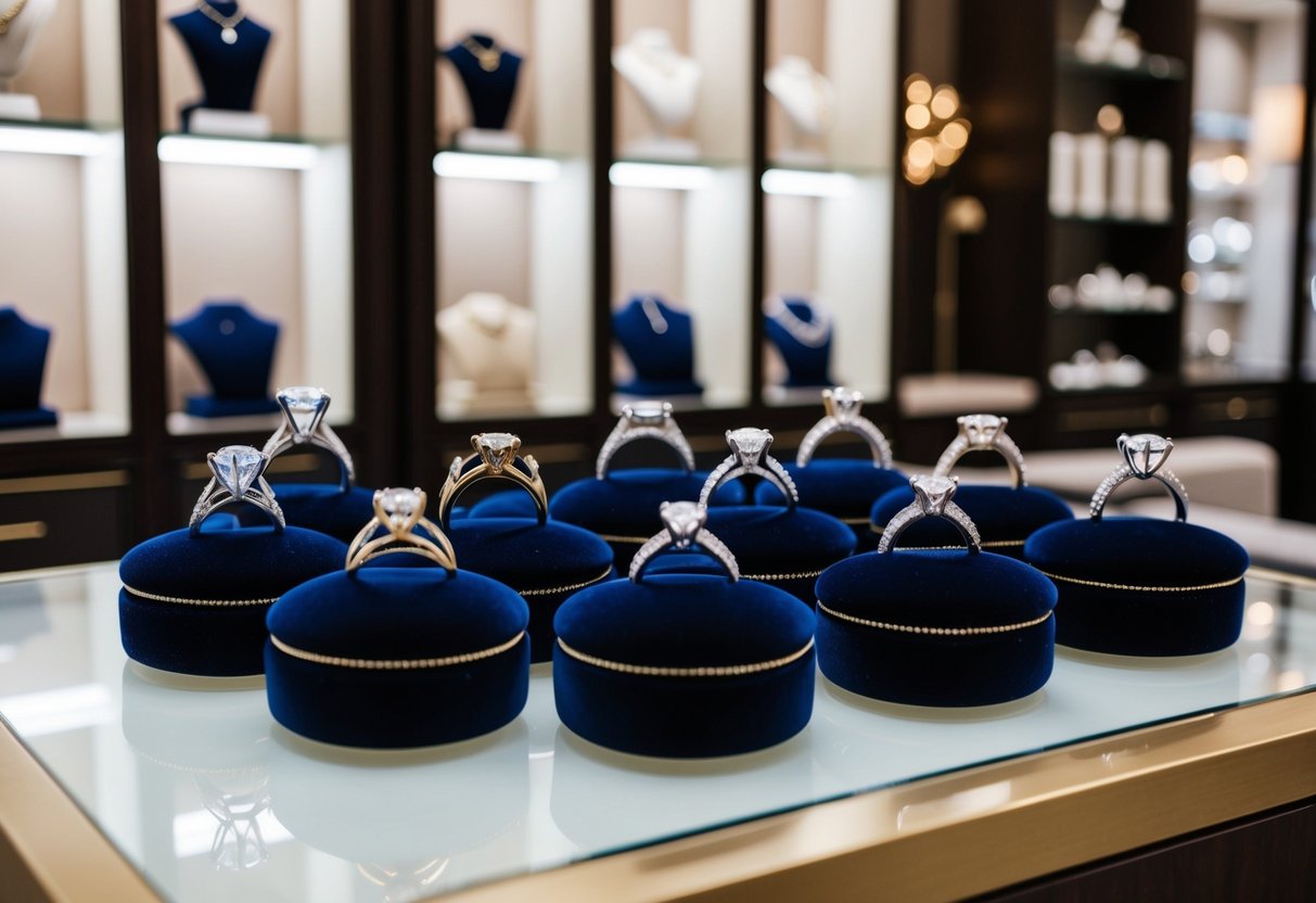 A display of 10 elegant engagement ring designs showcased on velvet cushions in a well-lit jewelry store in Dallas