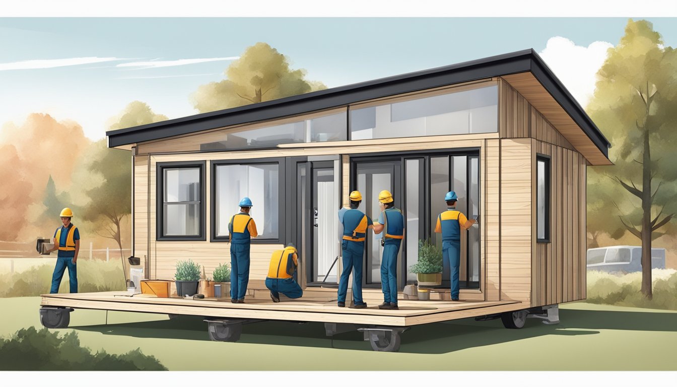 A team of workers assemble and inspect a tiny house prefab with precision and care