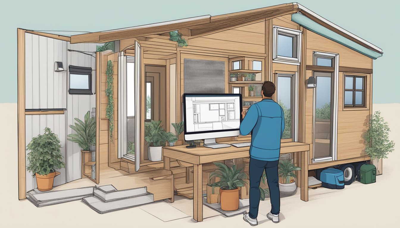 A person browsing through a variety of tiny house blueprints online, with different designs and layouts displayed on the computer screen