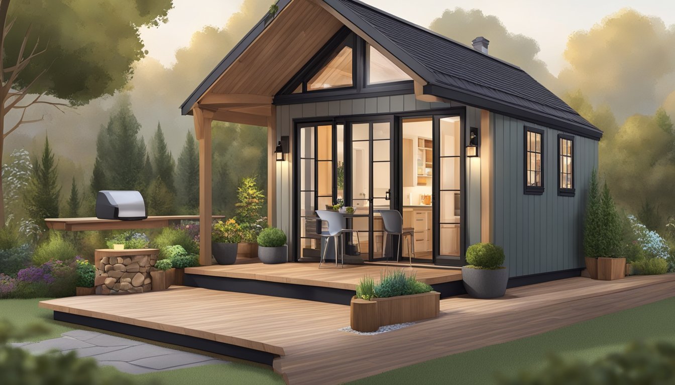 A cozy tiny house with a living area, kitchenette, bathroom, and loft bedroom. Outdoor features include a small porch and garden space