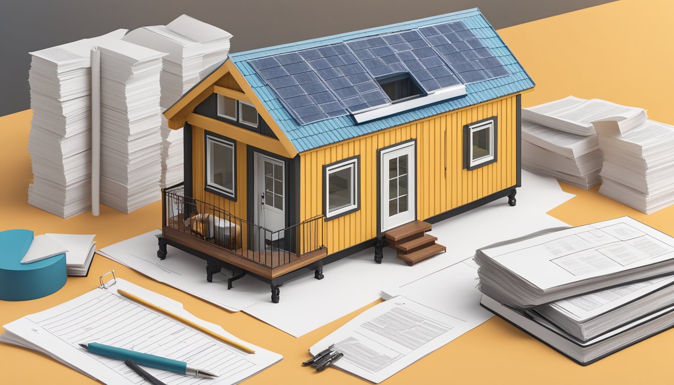 A tiny house model surrounded by legal documents and regulatory guidelines