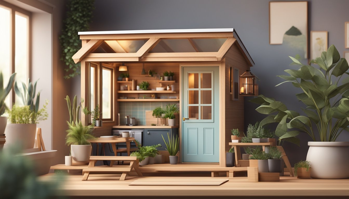 A 3D model of a tiny house sits on a wooden table, surrounded by miniature furniture and plants, with a warm, cozy interior design