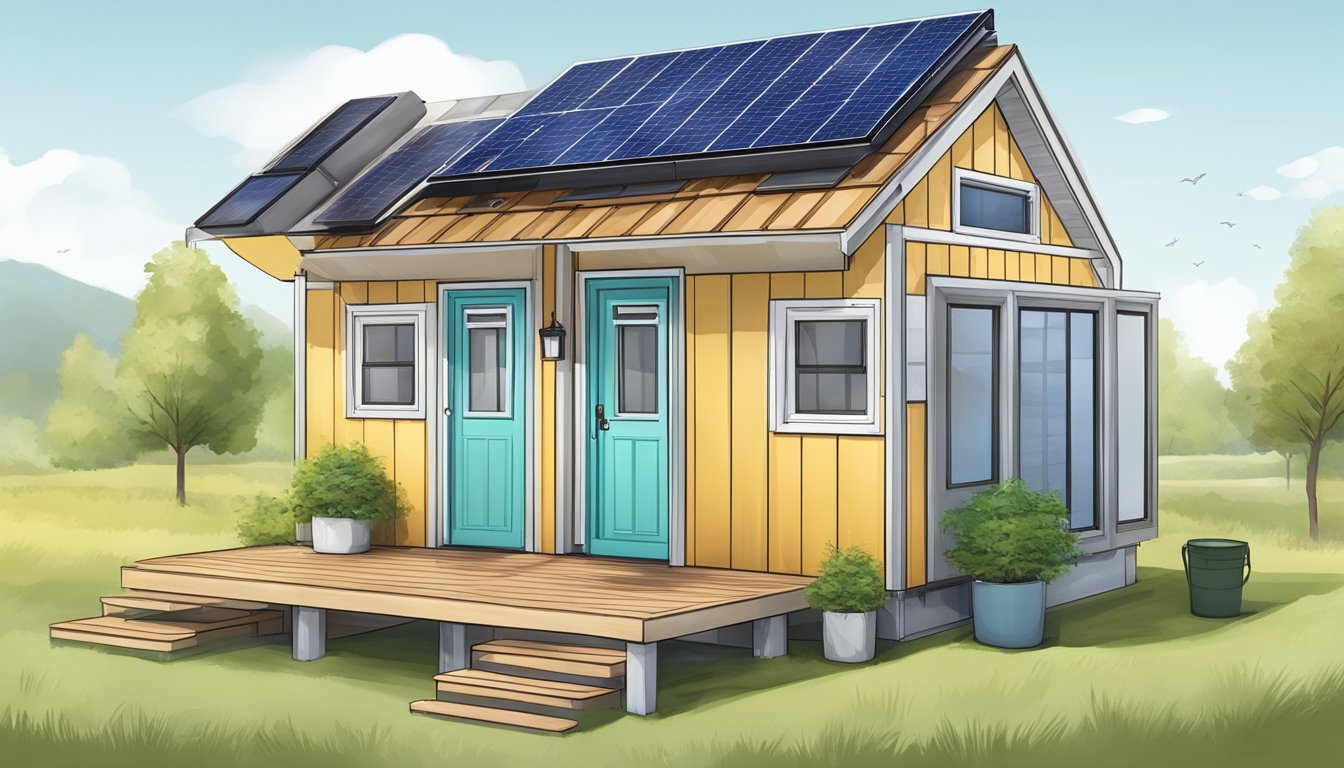 A tiny house with solar panels, rainwater collection, and efficient insulation