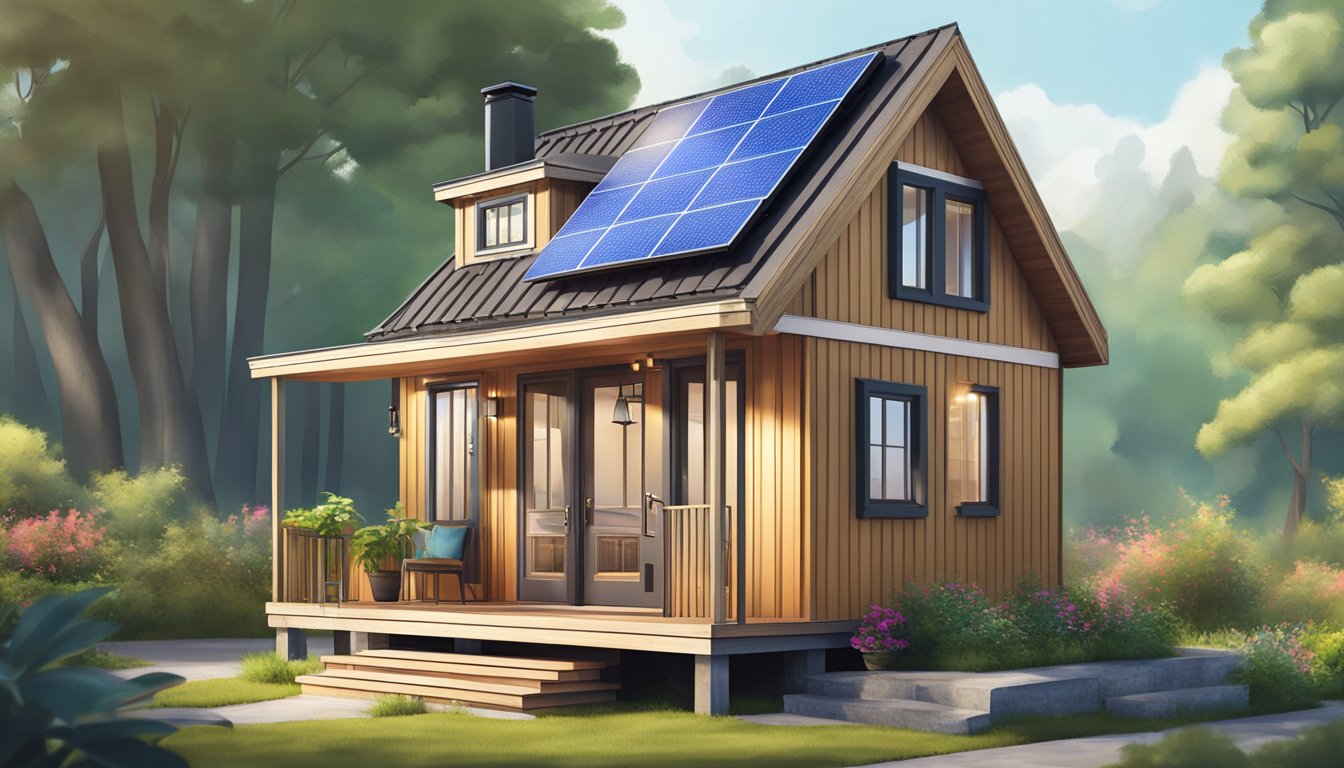 A cozy tiny house blueprint surrounded by nature, with a small porch and solar panels on the roof