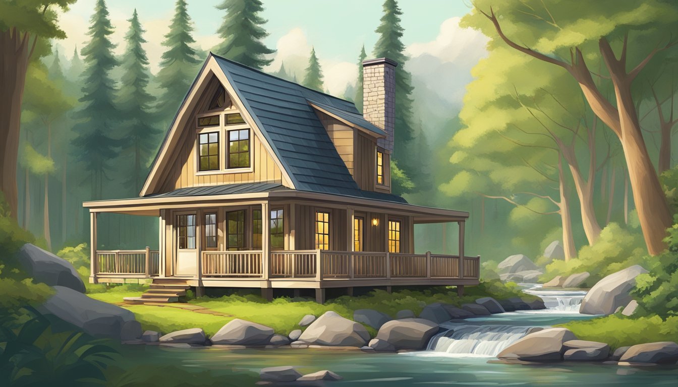 A tiny house nestled in a lush forest, surrounded by towering trees and a winding stream. The house is simple and cozy, with large windows and a small porch