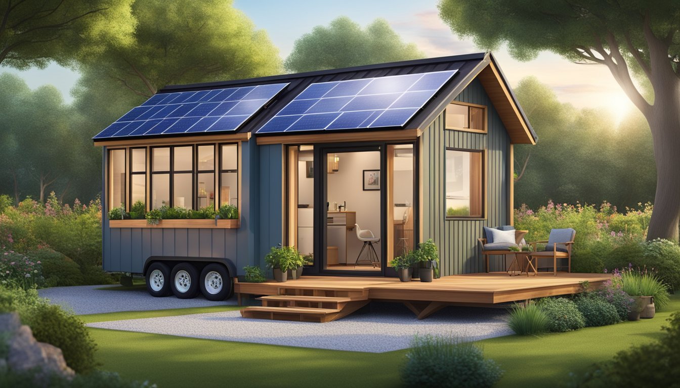 A cozy tiny house with a loft bedroom, compact kitchen, and fold-out furniture, surrounded by a lush garden and solar panels on the roof