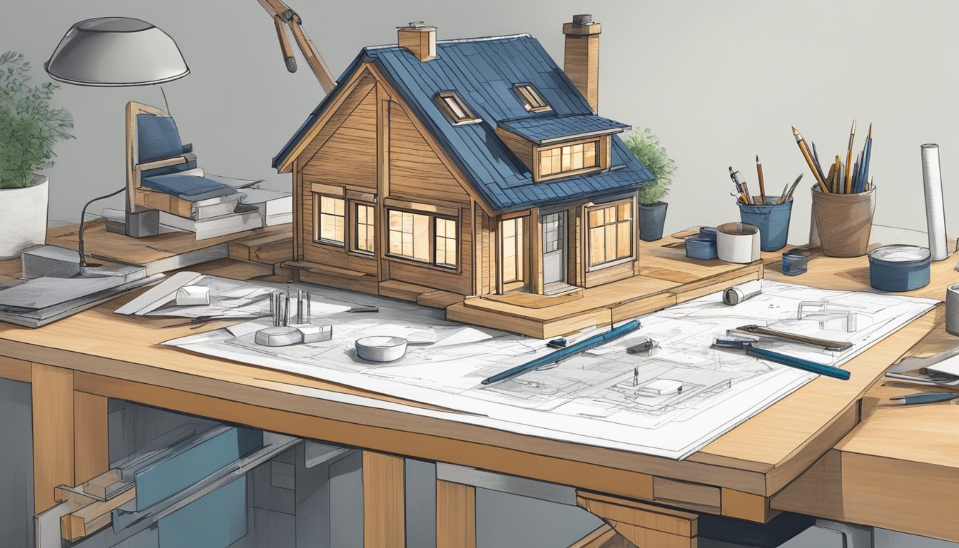 An architect sketching tiny house blueprints at a drafting table with tools and materials scattered around