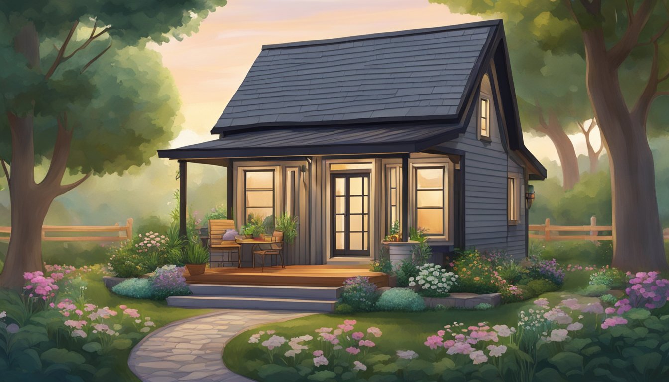 A cozy tiny house nestled in a lush garden, with a welcoming front porch and large windows