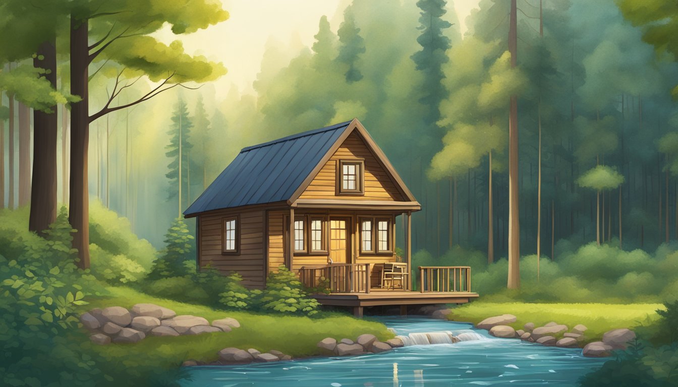 A cozy tiny house nestled in a lush forest clearing, surrounded by towering trees and a bubbling stream