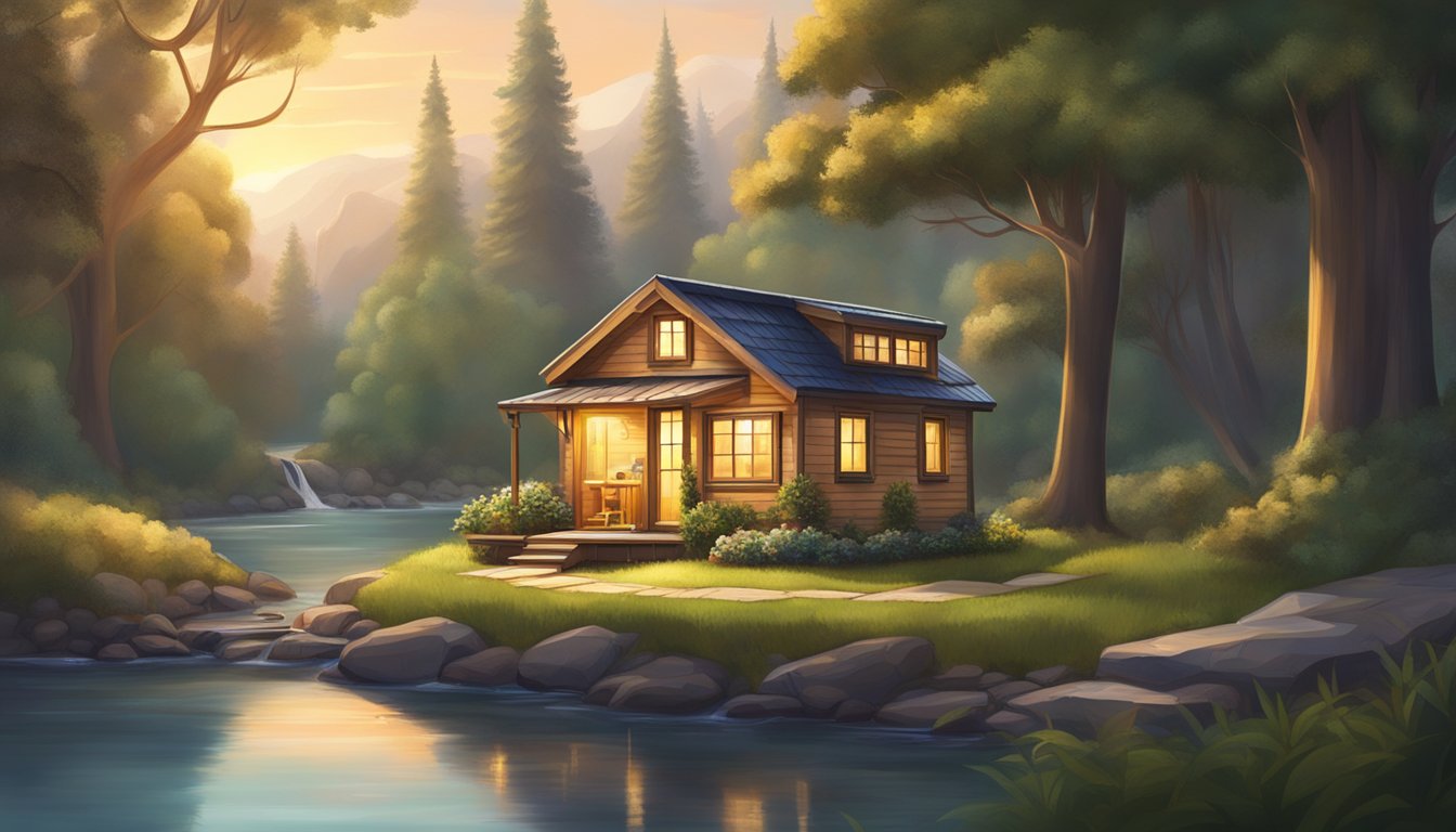 A cozy tiny house nestled in a serene natural setting, surrounded by lush trees and a winding stream, with a warm glow emanating from the windows