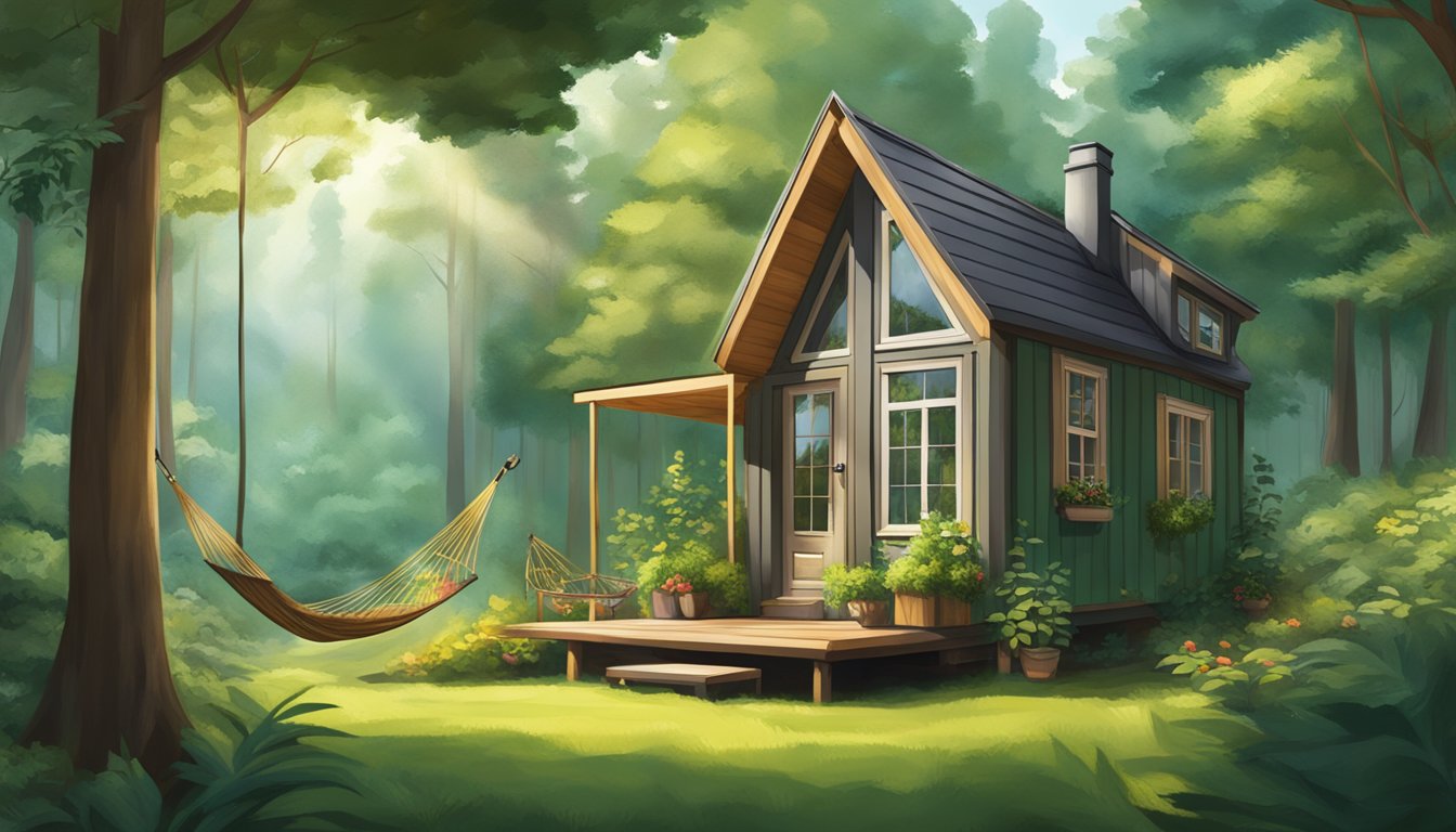 A cozy tiny house nestled in a lush, green forest clearing, with a small garden and a hammock outside