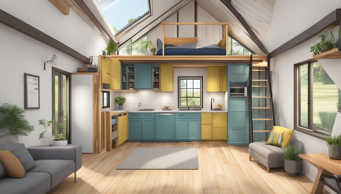 A tiny house floor plan with a loft, featuring sustainable construction materials and efficient use of space